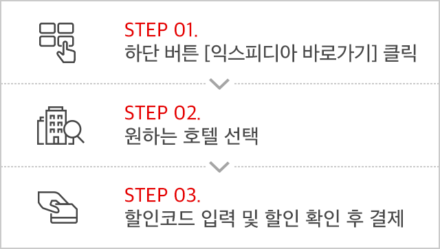 STEP 01. 하단 버튼 [익스피디아 바로가기] 클릭 / STEP 02. 원하는 호텔 선택 / STEP 03. 할인코드 입력 및 할인 확인 후 결제