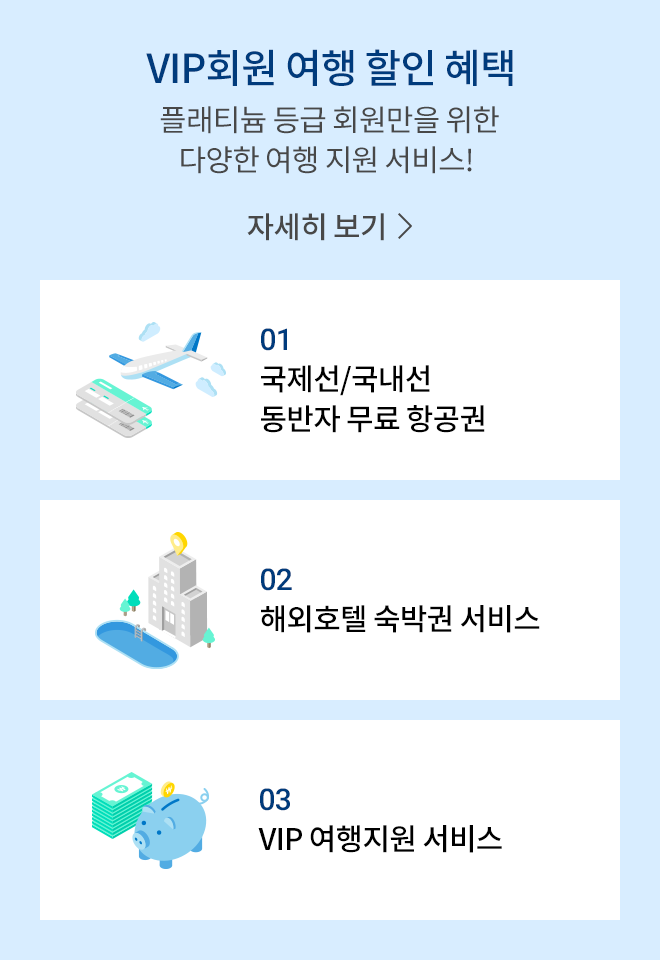 VIP 회원만을 위한 페이북 여행 혜택 소개 - 플래티늄 등급 회원만을 위한 다양한 여행 지원 서비스! 자세히 보기 > | 01 국제선/국내선 동반자 무료 항공권, 02 해외호텔 숙박권 서비스, 03 VIP 여행지원 서비스
